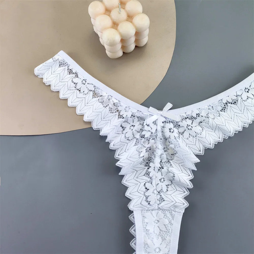 Paquete de 3 tangas de encaje para mujer, ropa interior transparente de cintura media, bragas femeninas con volantes, tallas grandes