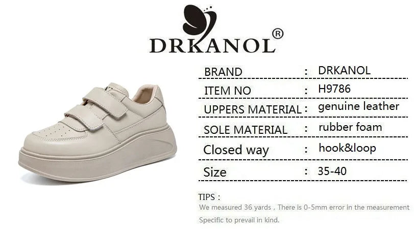 DRKANOL, zapatos de plataforma con suela gruesa y aumento de altura, zapatillas informales de cuero genuino para mujer, zapatos de tabla con gancho y bucle para mujer, color blanco