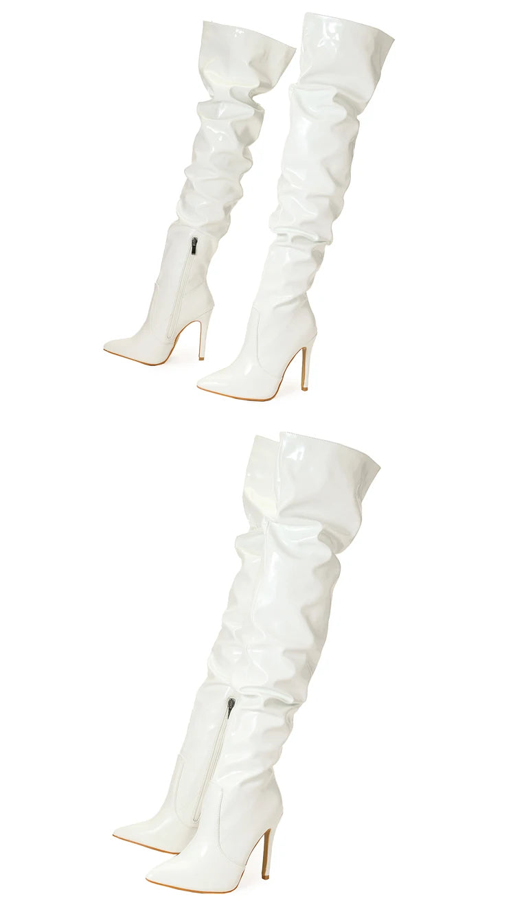 Eilyken-Botas por encima de la rodilla plisadas de charol para mujer, zapatos hasta el muslo con cremallera y punta estrecha, a la moda, alta calidad