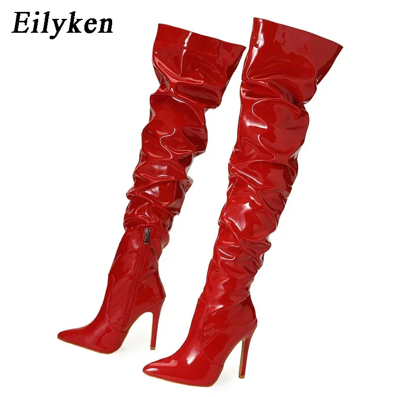 Eilyken-Botas por encima de la rodilla plisadas de charol para mujer, zapatos hasta el muslo con cremallera y punta estrecha, a la moda, alta calidad