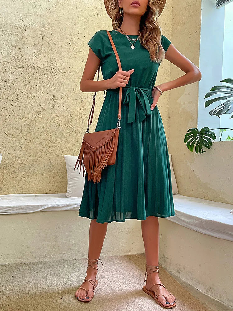 Vestido Midi plisado de manga corta para mujer, Túnica de cuello redondo, elegante, informal, Verano