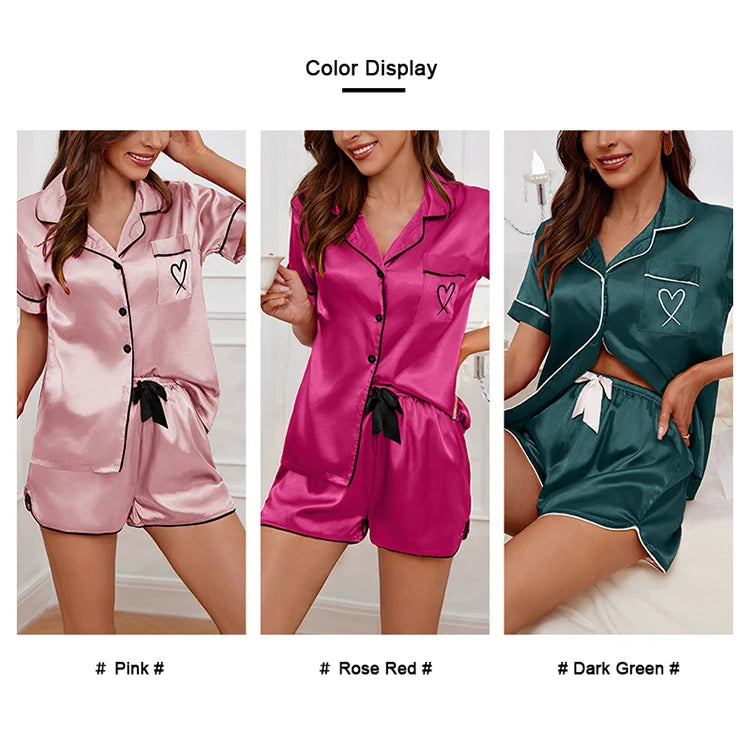 Conjunto de pijama para mujer, ropa de dormir con bolsillo bordado en forma de corazón, Top y pantalones cortos de manga corta con botones, pijama, ropa para el hogar