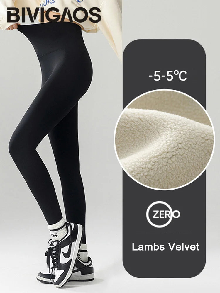 BIVIGAOS-mallas gruesas de terciopelo de Alpaca para mujer, mallas de tiburón negro, cintura alta, ajustadas, sin costuras, cálidas, para otoño e invierno