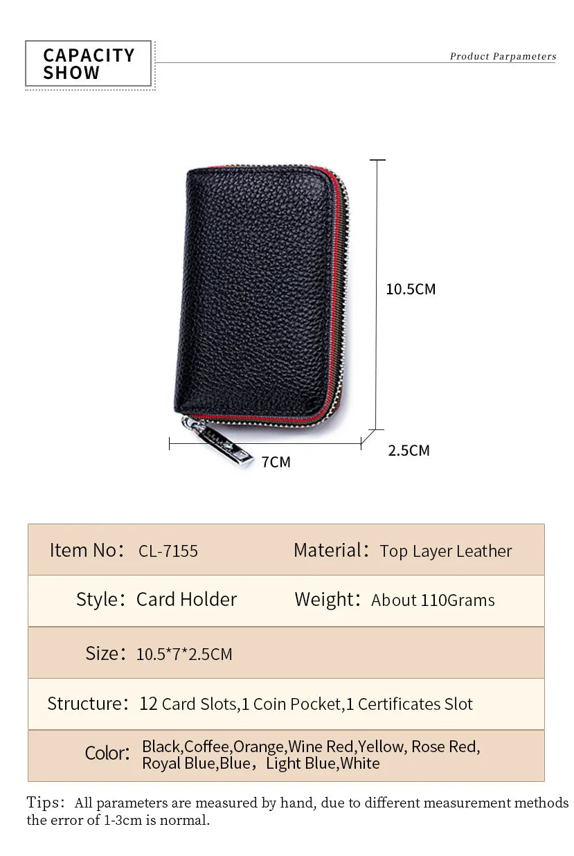 Tarjetero de cuero genuino para hombre y mujer, cartera pequeña con cremallera, monedero sólido, diseño de acordeón, identificación Rfid, bolsas para tarjetas de crédito comerciales