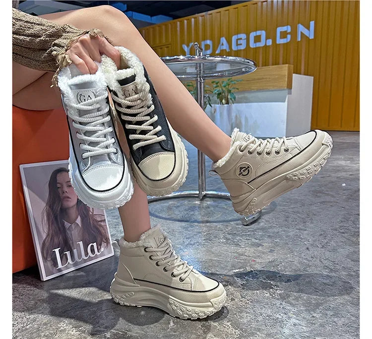 Botas planas de nuevo estilo para mujer, zapatos de algodón cálidos y gruesos con forro polar, zapatos blancos pequeños de alta calidad, Hx-q037, invierno 2023
