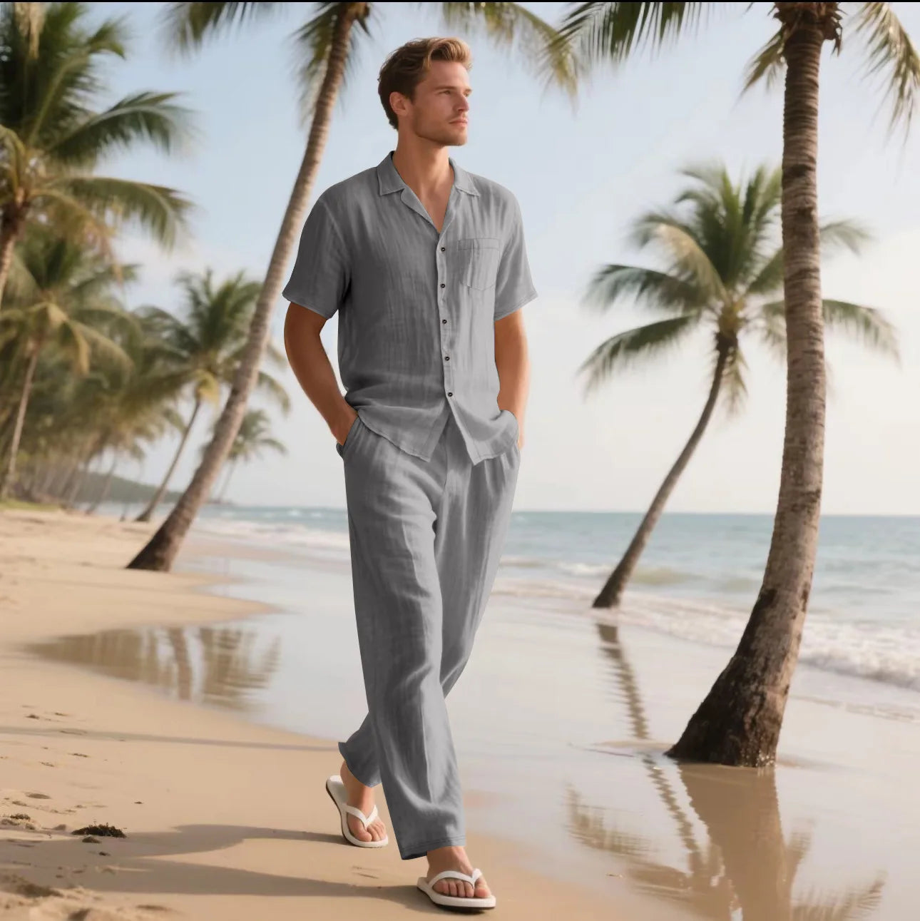 Conjuntos informales de dos piezas de lino y algodón para hombre, camisas y pantalones básicos Vintage de playa, traje informal de Color sólido, conjunto de chándales hawaianos para hombre