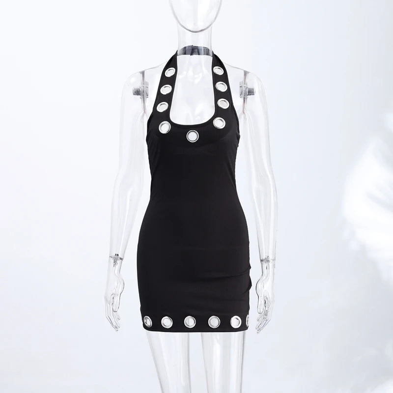 Vestido Sexy con Cuello Halter y Anillo Metálico, Vestido Corto Ajustado sin Mangas con Cuello Redondo para Mujer, Vestidos Mini de Verano 2026, Ropa de Fiesta Moderna y Atrevida para Mujer