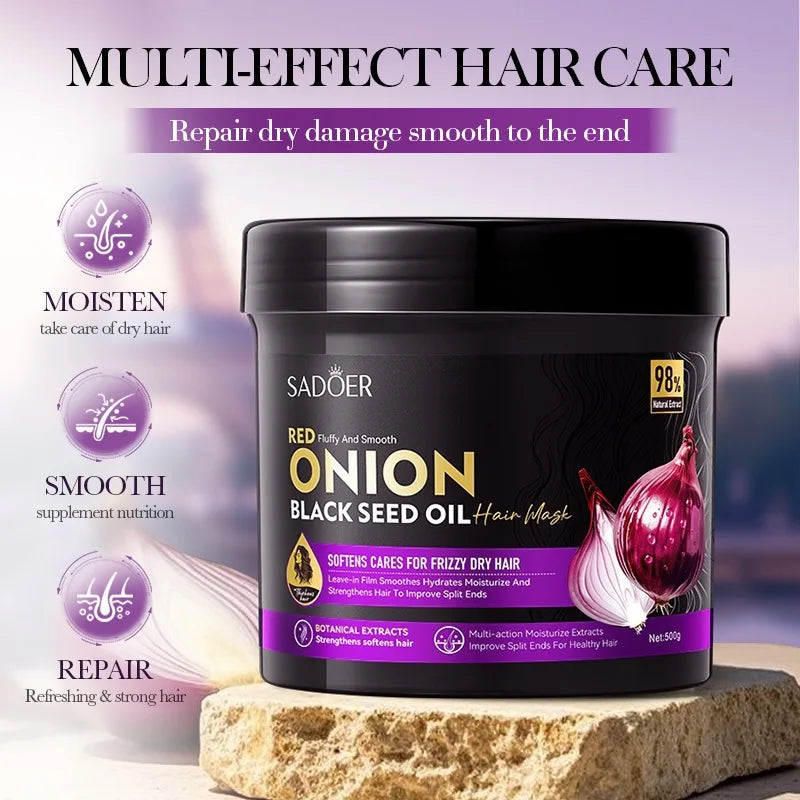 SADOER Champús de Cebolla y Mascarilla Capilar con Aceite de Semillas Negras 500g Set de Aceite Capilar Suavizante Reparador para Cabello Seco y Dañado Nutrición Profunda Cuidado del Brillo