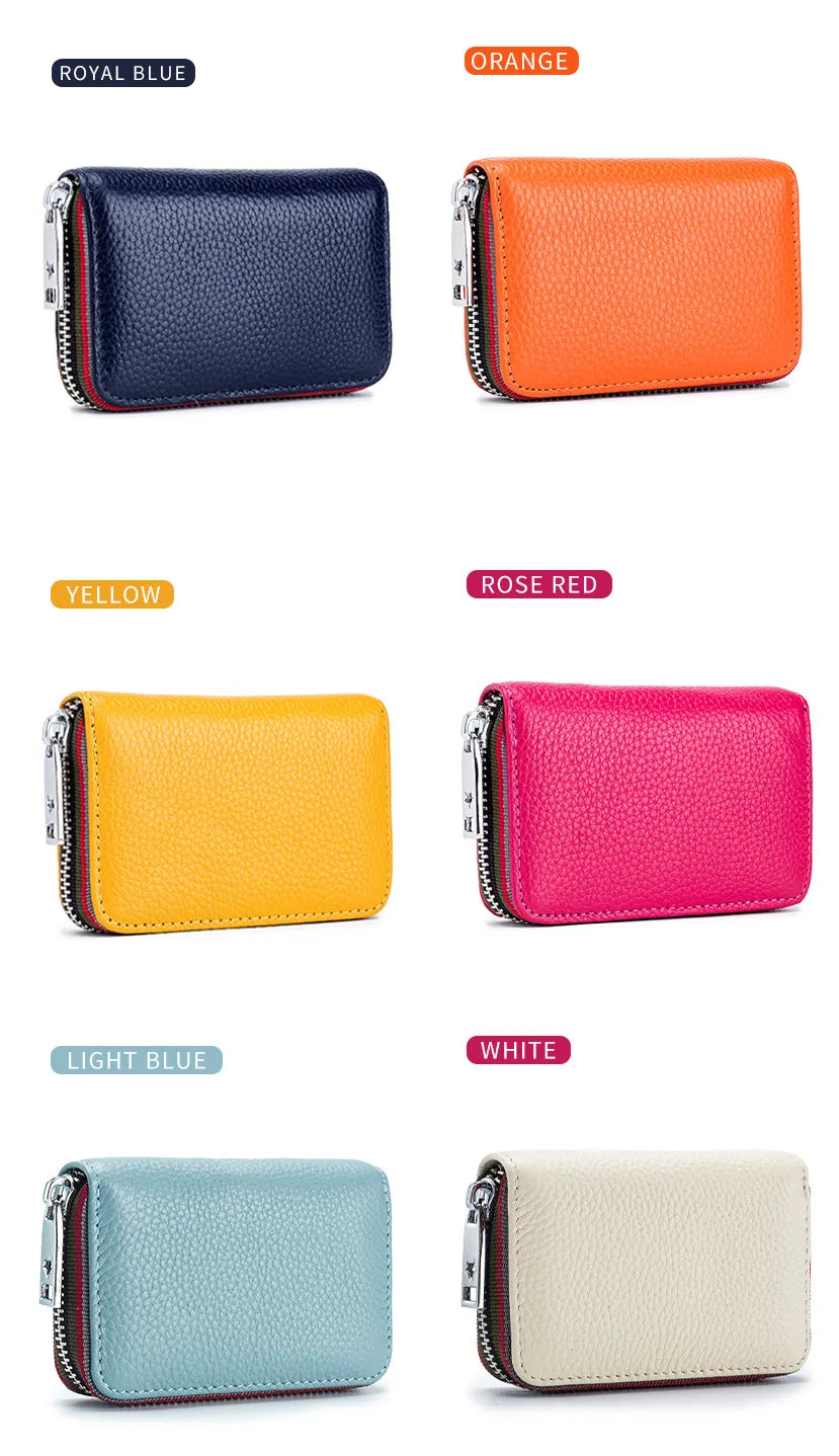 Tarjetero de cuero genuino para hombre y mujer, cartera pequeña con cremallera, monedero sólido, diseño de acordeón, identificación Rfid, bolsas para tarjetas de crédito comerciales