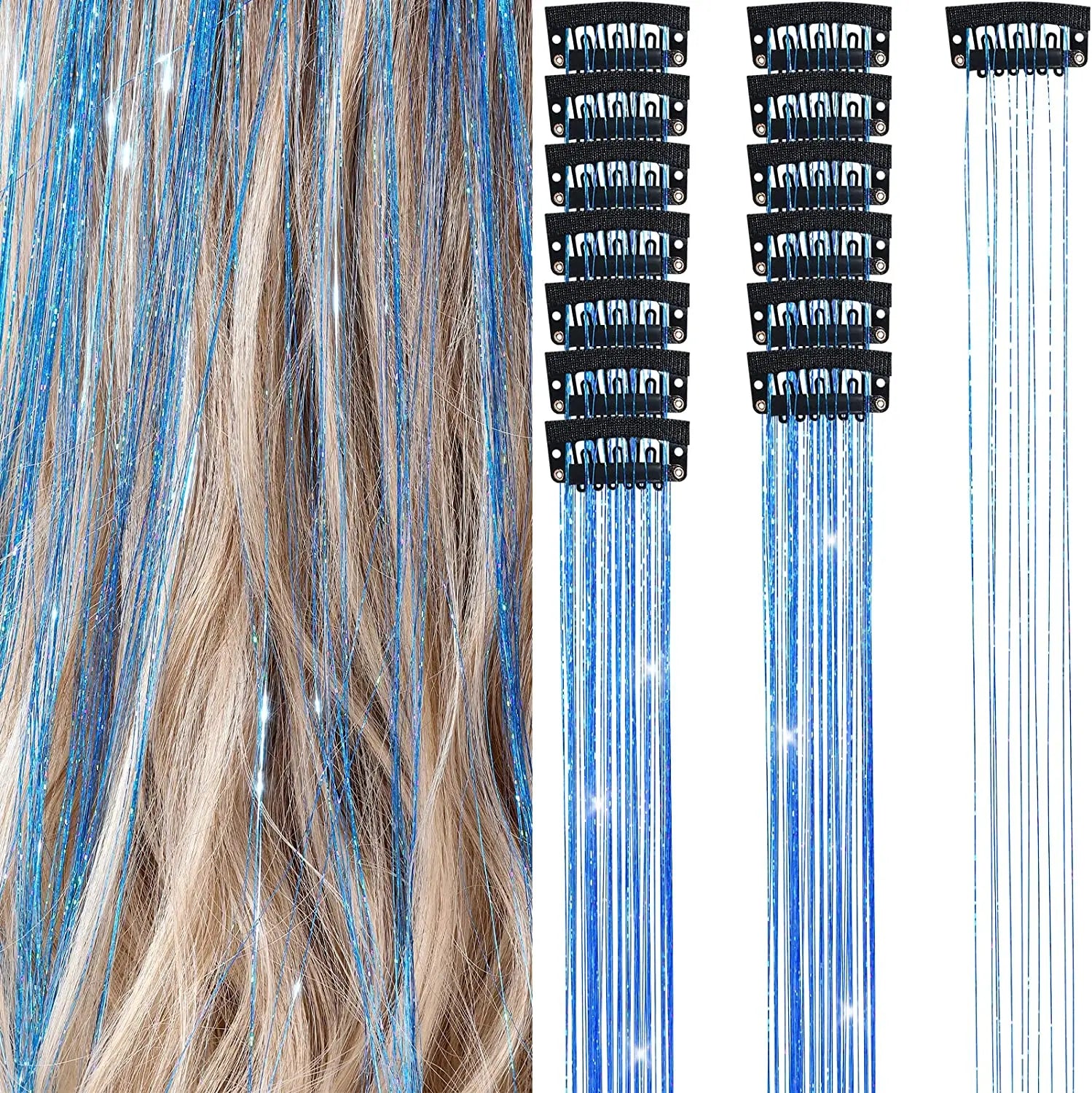 6 uds 50cm chispeantes pelo brillante oropel extensiones de cabello oropel extensiones de Clip de pelo sintético mujeres para tocado trenzado