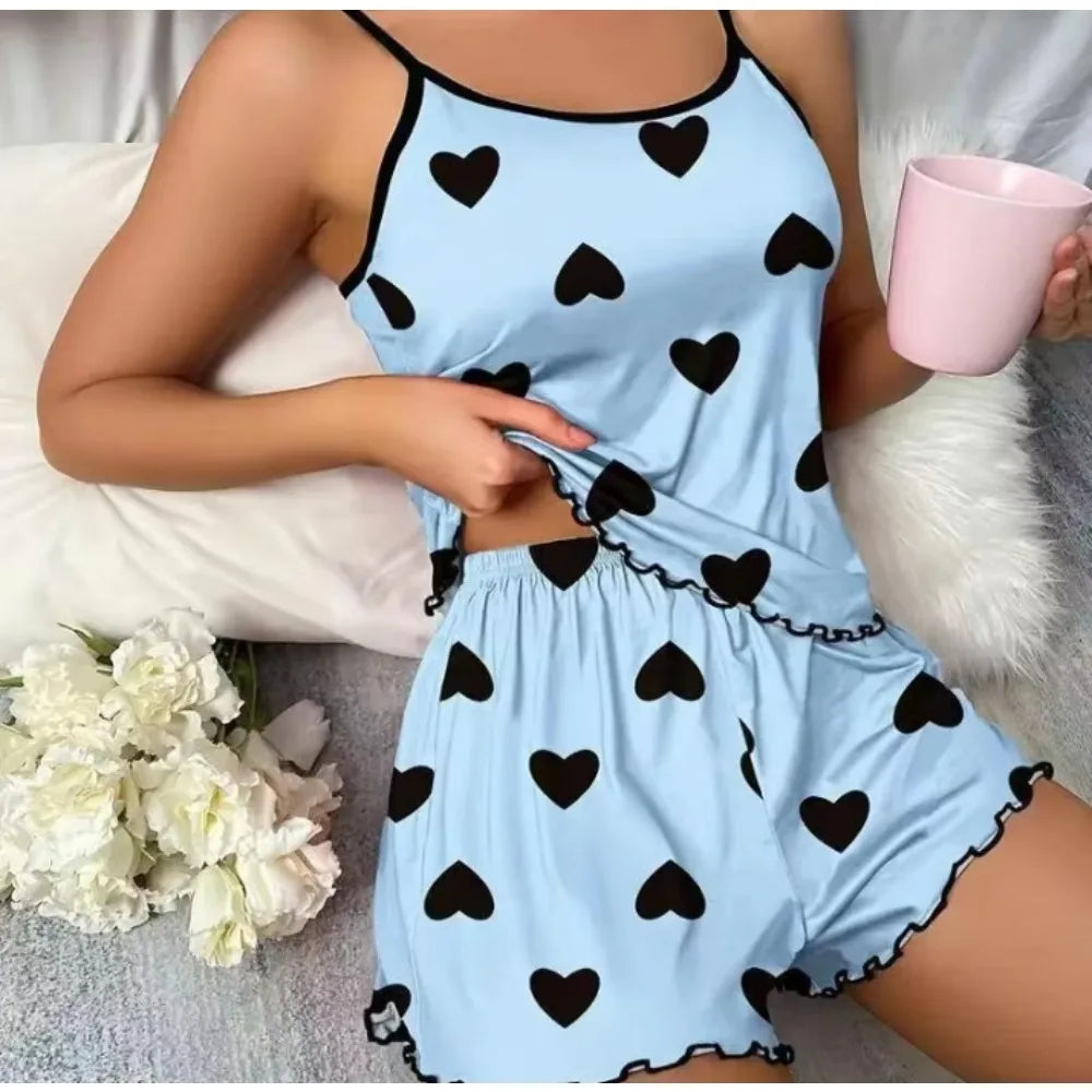Conjunto de ropa de descanso informal para mujer – Camiseta y pantalones cortos de seda helada con estampado de corazón, pijamas de verano