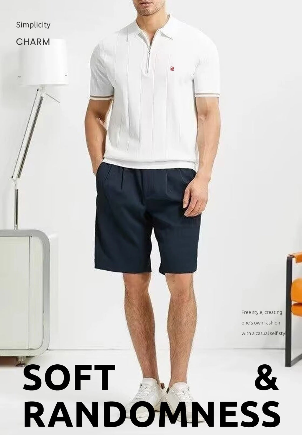 Camiseta Polo de Punto para Hombre CH, con Media Cremallera, Cuello Solapa, Manga Corta, Color Sólido, Casual, de Negocios, Transpirable, para Verano