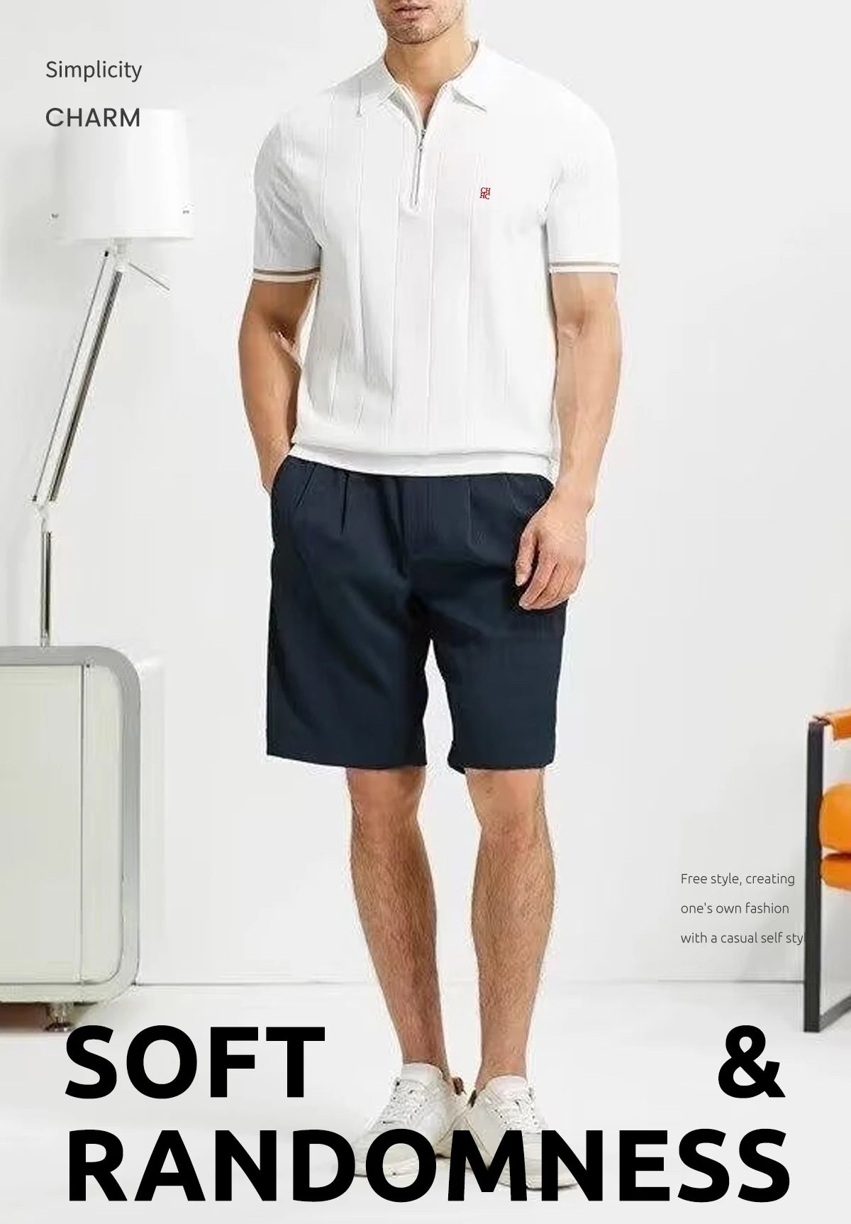 Camiseta Polo de Punto para Hombre CH, con Media Cremallera, Cuello Solapa, Manga Corta, Color Sólido, Casual, de Negocios, Transpirable, para Verano