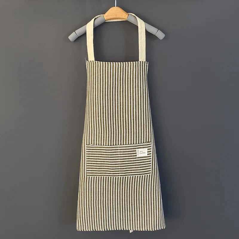 Delantal de lino a rayas para el hogar, sin mangas, cuello colgante, elasticidad ajustable, cocina, jardinería, delantal de estilo japonés nuevo