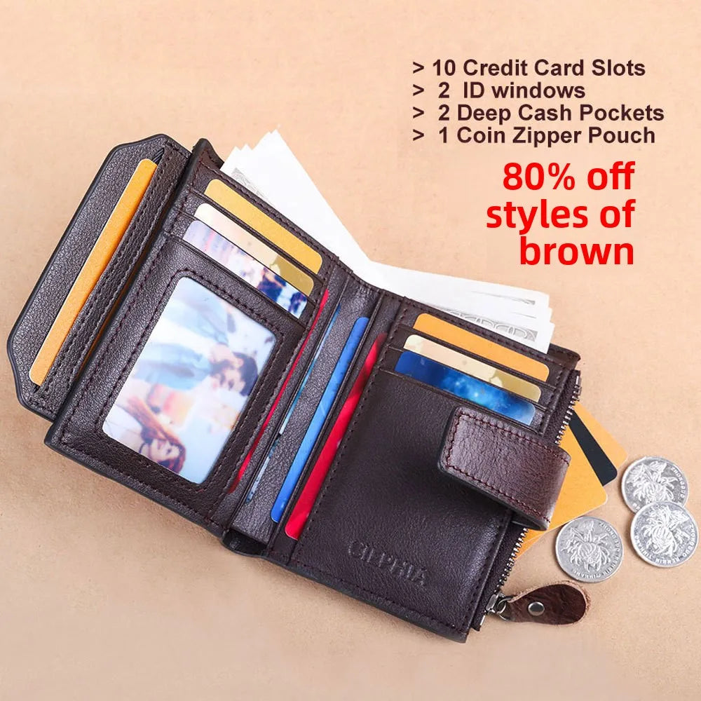 CIEPHIA Cartera Retro de cuero genuino para hombre, monedero antirrobo con cremallera, capa superior de piel de vaca, uso diario informal de negocios