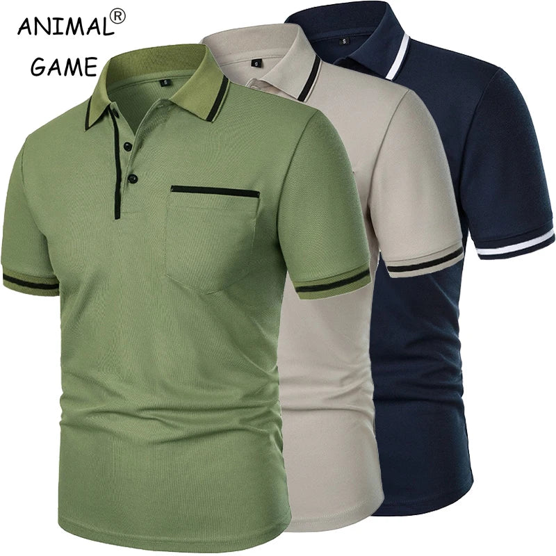 Nuevas camisas Polo de manga corta para hombre, camiseta informal de Color sólido, camisas de verano a la moda transpirables holgadas básicas con empalme y bolsillos superiores para hombre