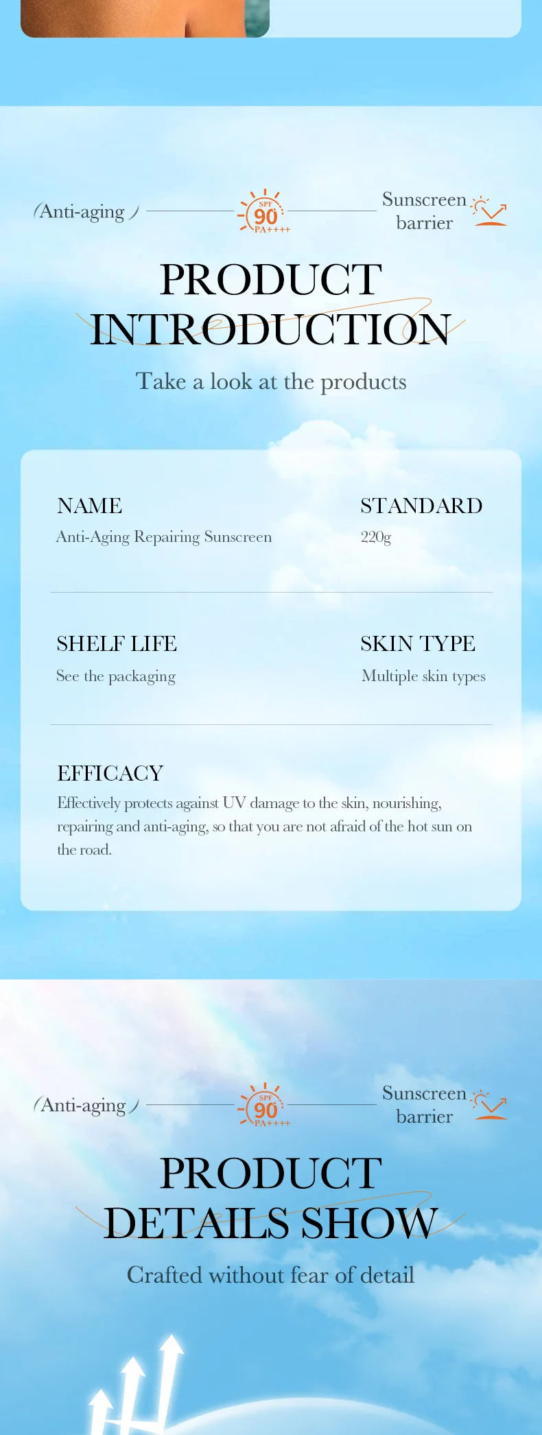 Loción solar súper 220ml con vitamina E para el cuerpo y la cara SPF 90 PA++++ Uso del cuerpo entero Protege + Hidratación