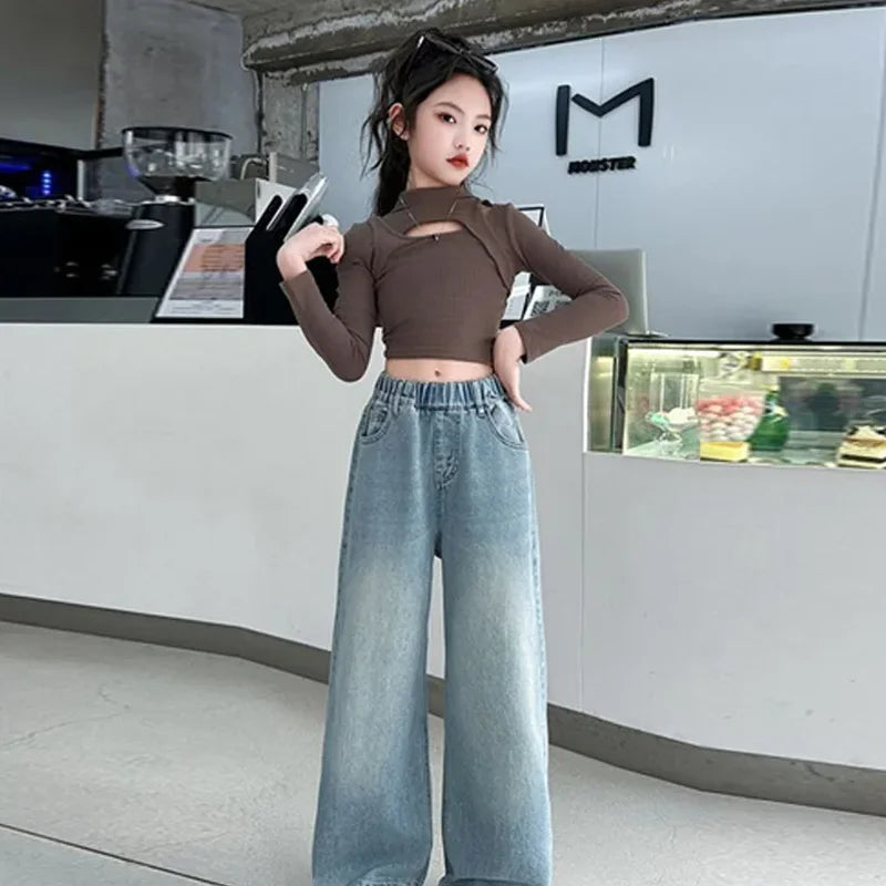 Pantalones vaqueros sueltos para chicas adolescentes, pantalones vaqueros de pierna ancha para primavera y otoño, nuevos pantalones rectos a la moda para niños, ropa informal para adolescentes