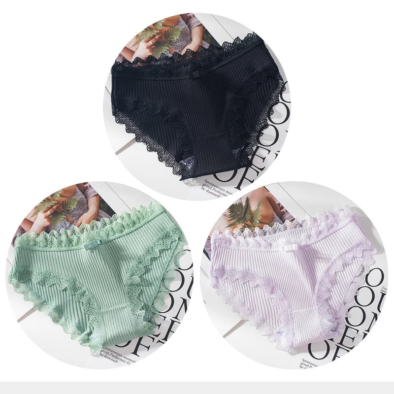 Bragas de algodón para mujer, bragas de encaje sexis, bragas de Color sólido para niñas, juego de ropa interior, ropa interior, Dropshipping 3 unids/lote