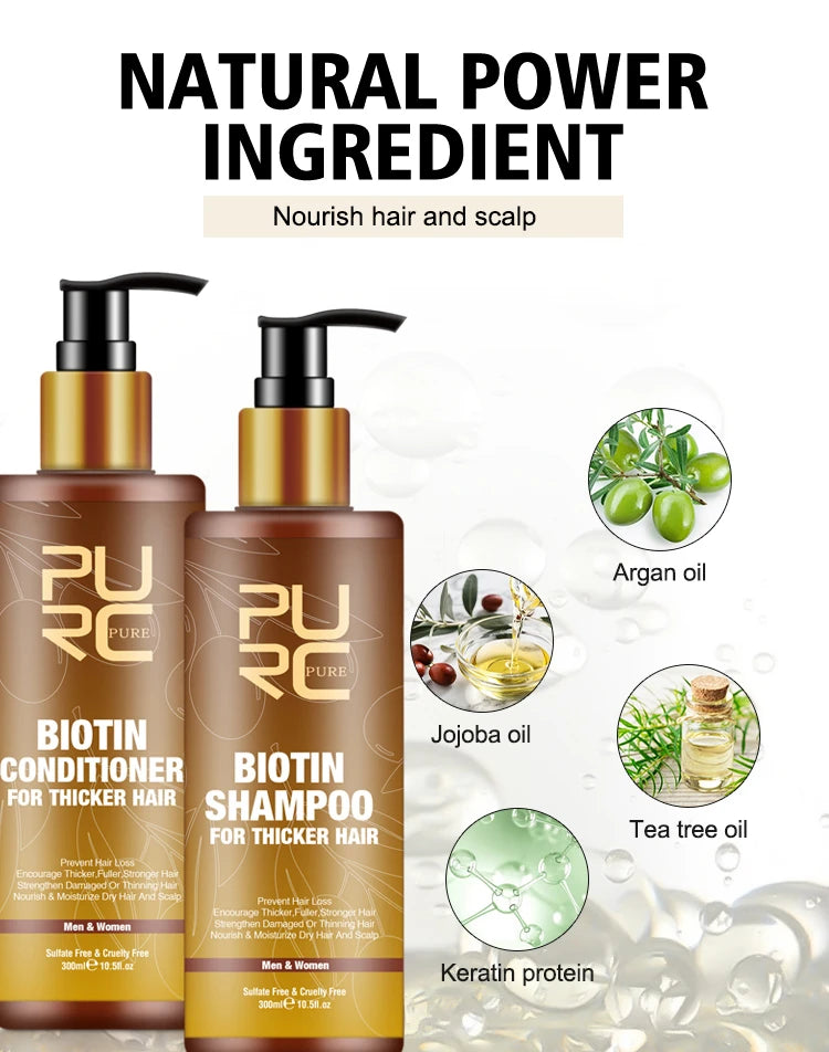 PURC Biotina champú acondicionador para el cabello para hombres y mujeres limpieza del cuero cabelludo raíz del cabello nutre aceite suavizante mascarilla para el cabello conjunto de productos para el cuidado
