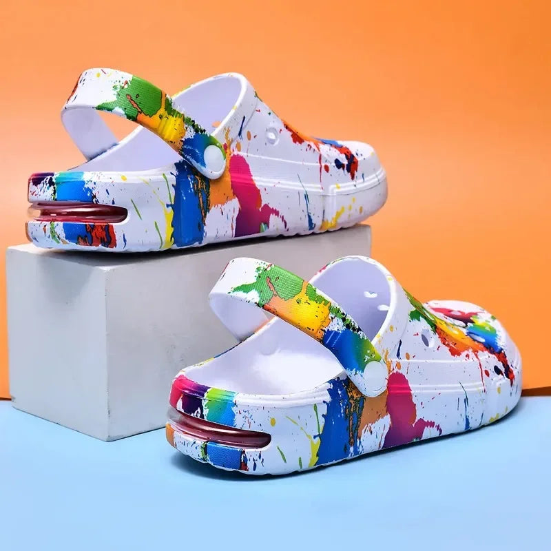 Zuecos coloridos para hombres y mujeres, sandalias, zapatillas, patrón de inyección de tinta, cojín de aire, sandalias de playa transpirables, suela gruesa para exteriores