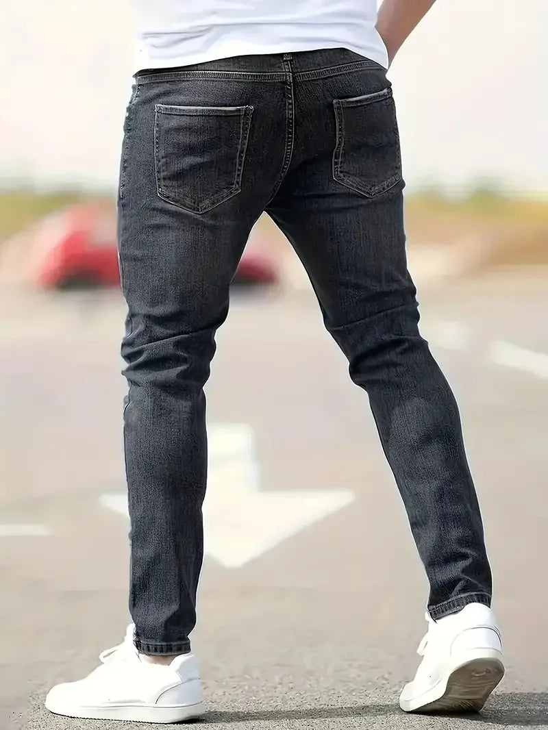 Nuevos pantalones vaqueros para hombre, pantalones elásticos ajustados, ropa de calle, pantalones vaqueros clásicos con bigotes de gato rasgados, pantalones vaqueros informales con cremallera ajustada, ropa vaquera negra bl