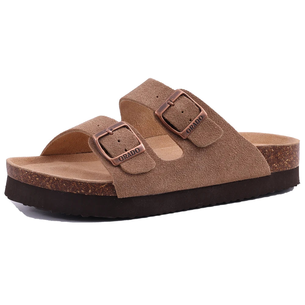 Comwarm Zapatillas tipo zuecos de ante para mujer, mulas de cuero, zapatillas planas clásicas de corcho para hombre, sandalias con reposapiés de corcho para exteriores con soporte para arco