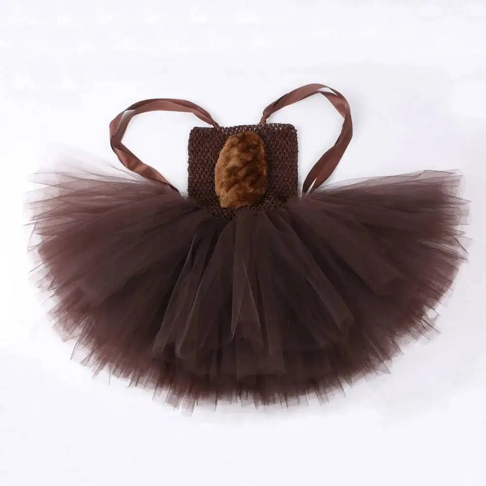 Vestido tutú de oso marrón para niñas, disfraz de Animal de Halloween, traje de Navidad y cumpleaños para niños, ropa para niños con orejas y cola de lazo