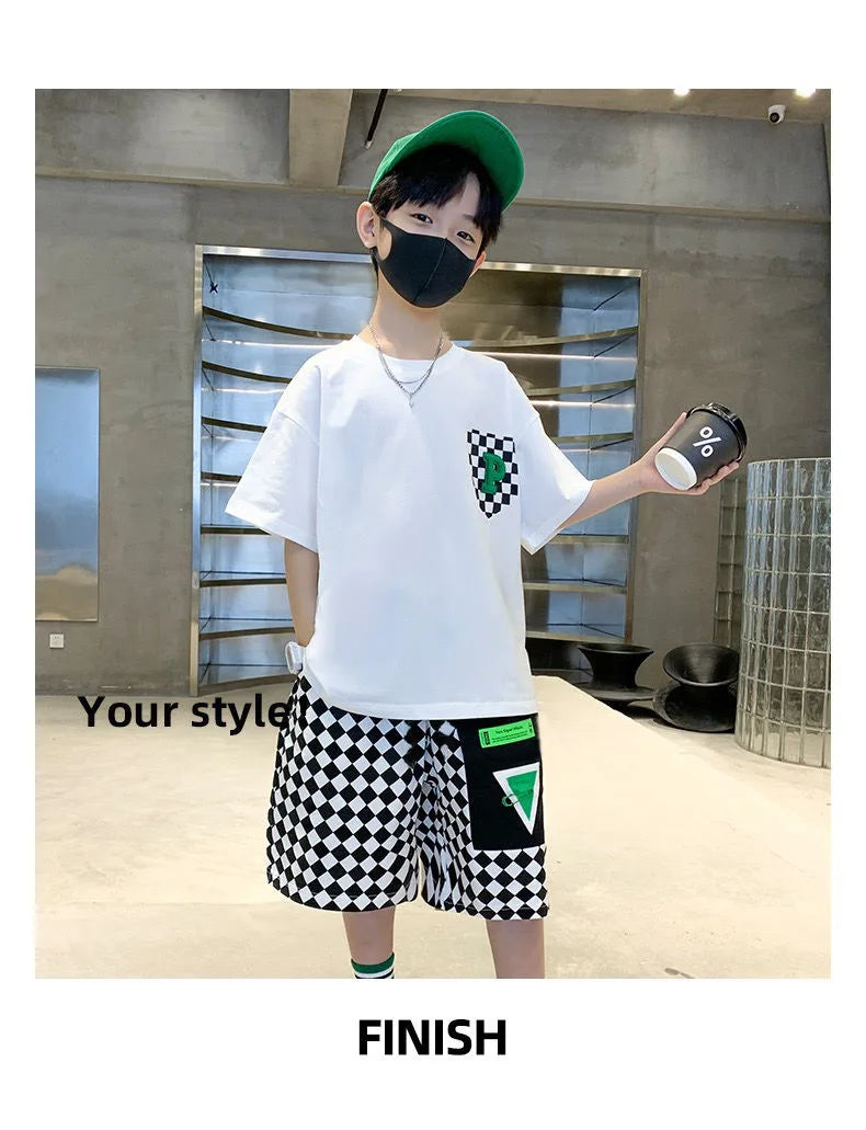 Conjunto de ropa de moda para niños, ropa de verano de manga corta para adolescentes, traje, camiseta con letras, pantalones cortos a cuadros, 2 uds., trajes de ropa de descanso para niños