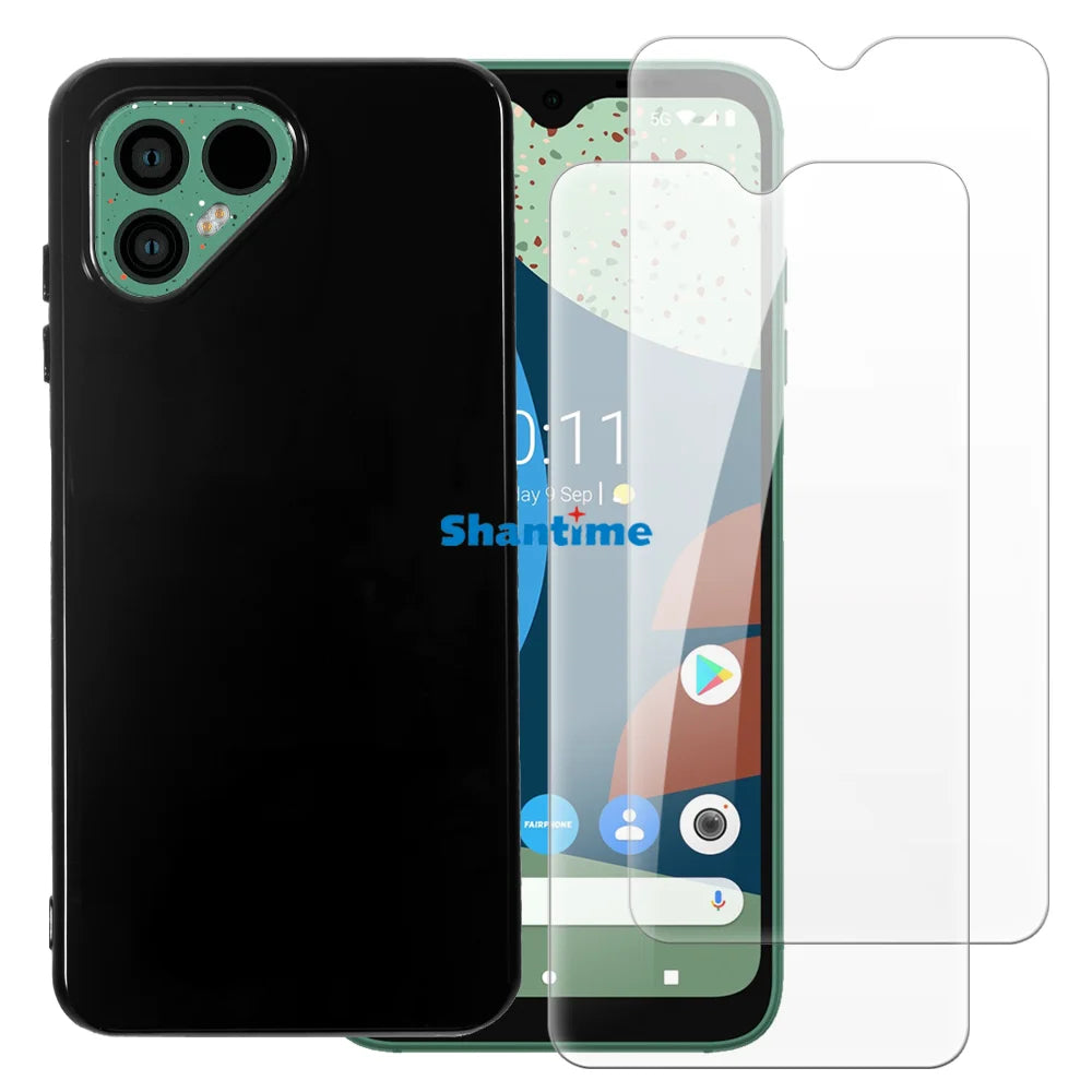 Funda blanda + paquete de 2 protectores de pantalla de vidrio templado para protección de cuerpo completo Fairphone 4