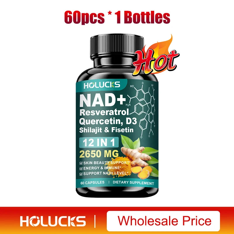 Cápsulas de NAD+ con Resveratrol, Suplemento 12 en 1, Mejora la Vitalidad Celular, Apoya la Energía y la Concentración, la Salud Inmunológica y de la Piel