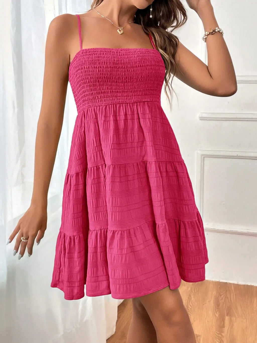 Minivestido con corpiño ahumado y tirantes finos para mujer, vestido azul con volantes escalonados, ropa informal de verano para vacaciones y playa