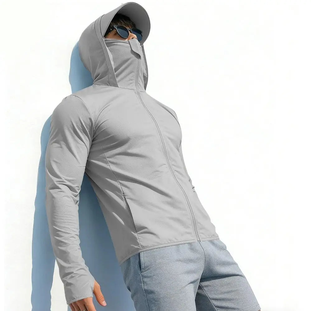 Nueva sudadera con capucha de seda helada para hombre, protección solar, secado rápido, cremallera completa, camisa UV de manga larga con máscara facial, camisa de pesca para hombre