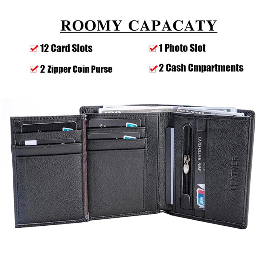 Cartera para hombre, billeteras de cuero genuino para hombre, monedero con cremallera, billeteras de negocios verticales, tarjetero antirrobo RFID, monedero