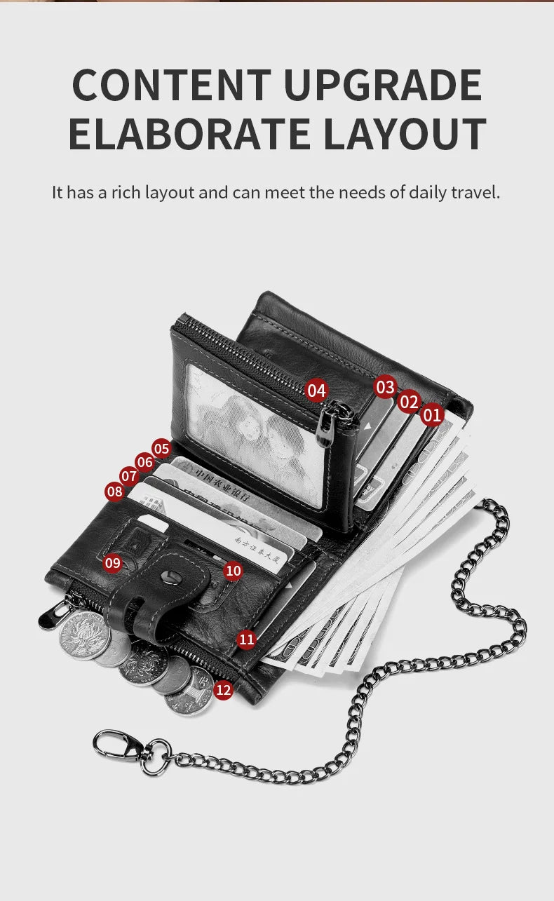 Cartera Bullcaptain de cuero genuino para hombre, monedero de viaje de calidad a la moda, protección Rfid, tarjetero Wollst para hombre con cadena
