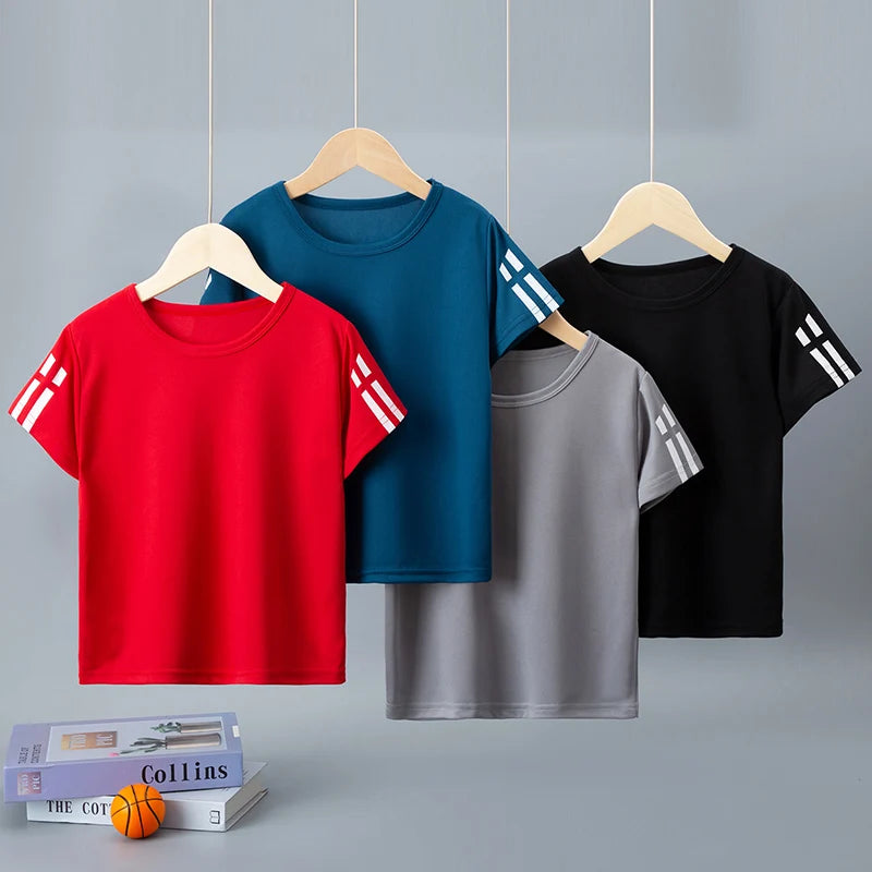 Paquete de 1/4 de verano para niños, deportes de secado rápido, manga corta, Color sólido, Joker, camisa informal de talla grande, camiseta para correr para niños y niñas