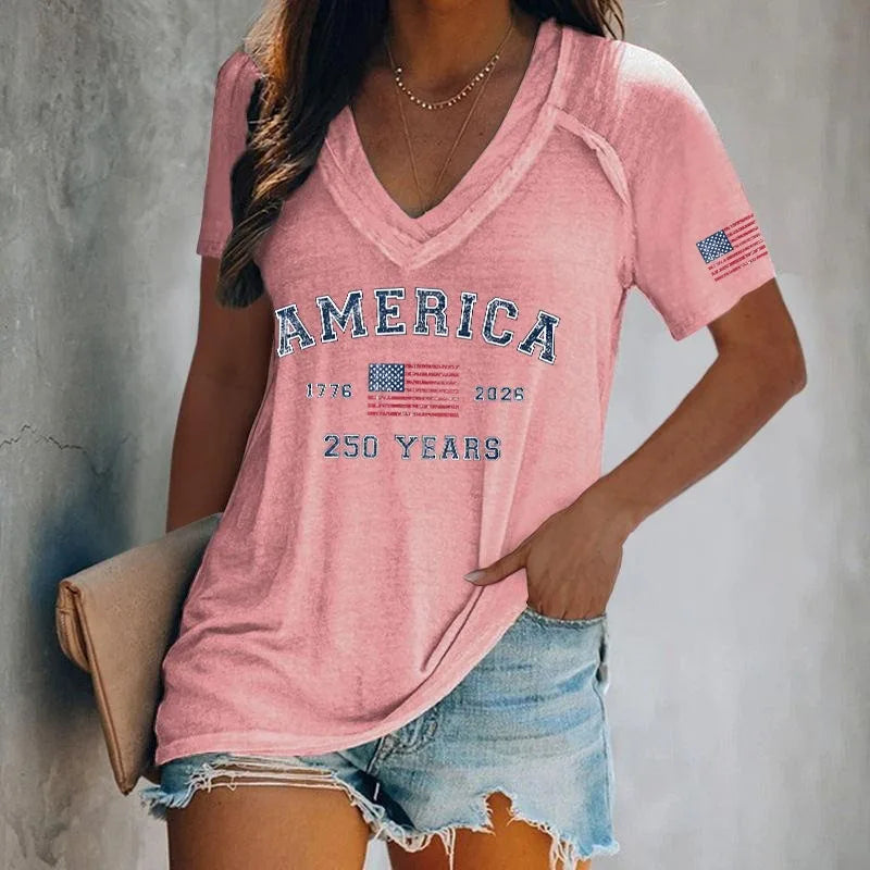Camisetas con Estampado America 250 para Mujer, Camisetas Casuales Holgadas de Manga Corta con Cuello en V, Camisetas de Verano, Nueva Llegada 2026