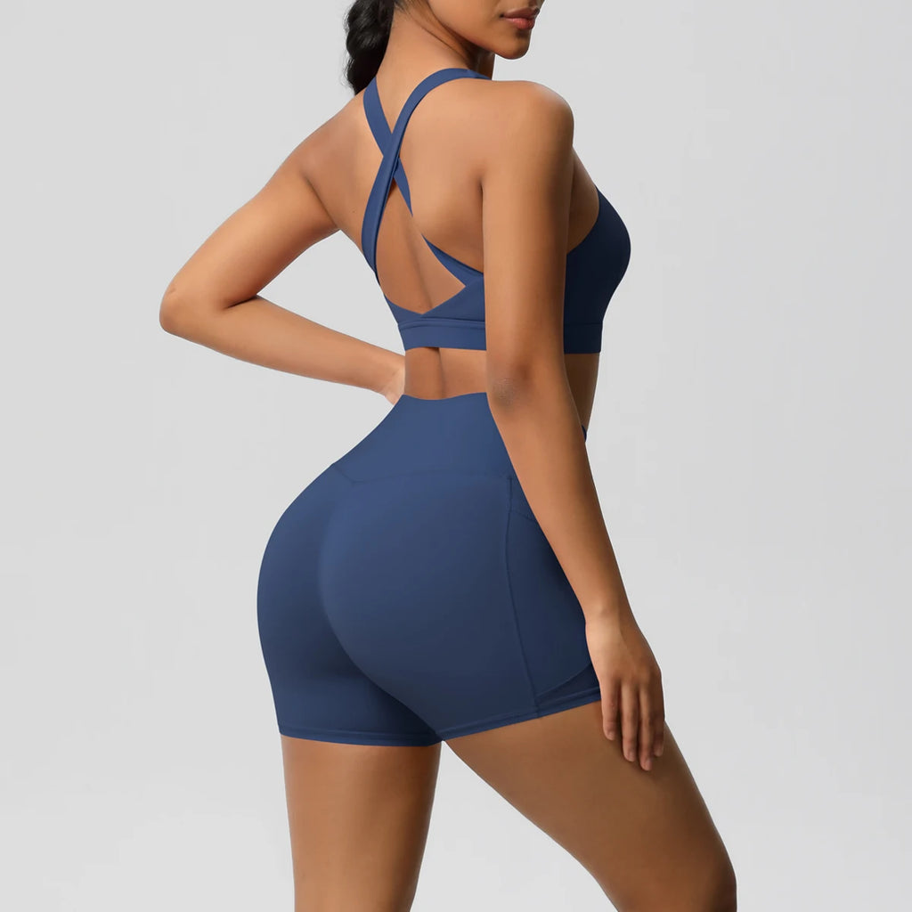 Ropa deportiva con bolsillo para mujer, conjunto de Yoga, ropa de gimnasio, trajes de Yoga para mujer, chándales, pantalones cortos deportivos, sujetador cruzado, mallas de gimnasio, 2 uds.
