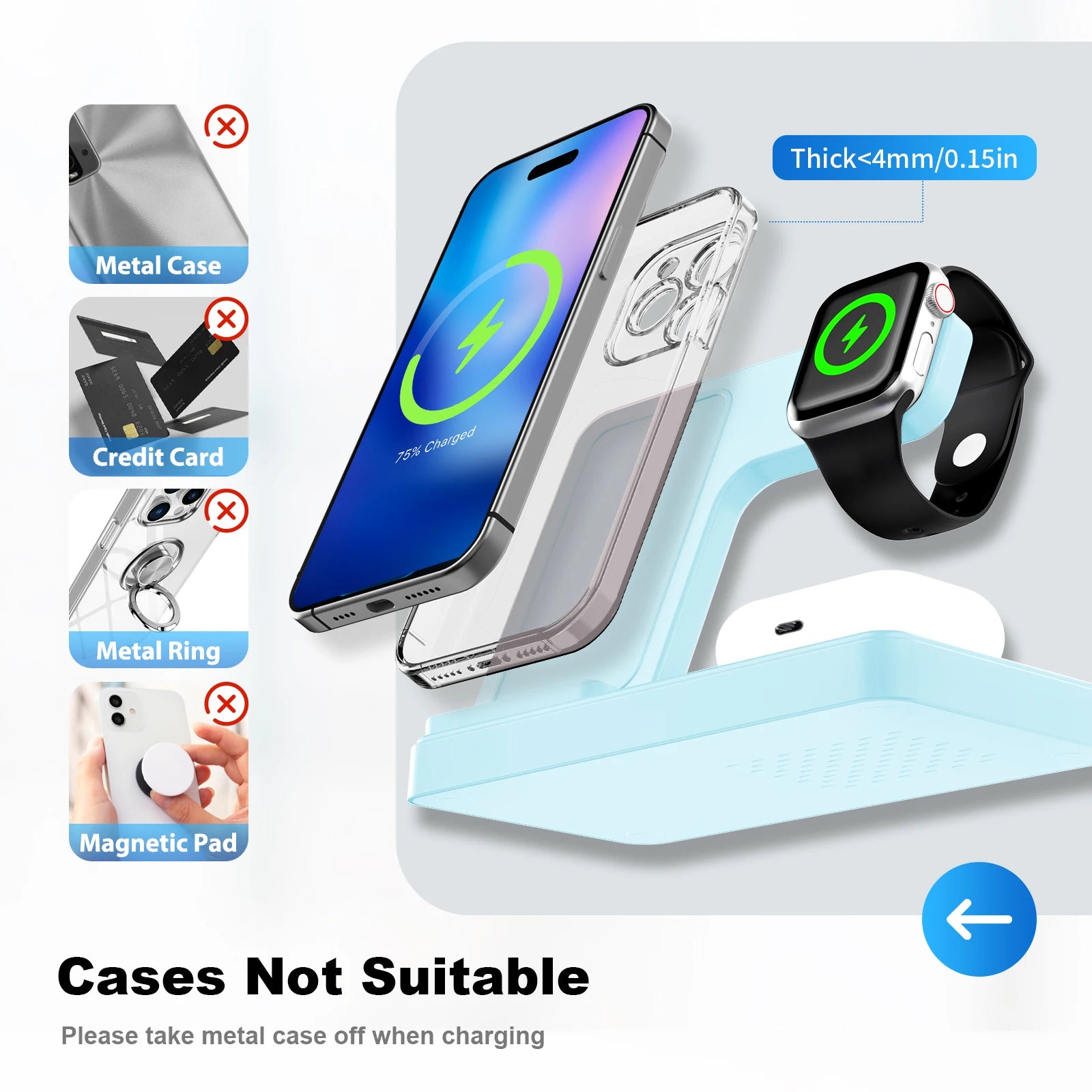 Soporte de cargador inalámbrico magnético 3 en 1, estación de carga rápida de 15W, múltiples dispositivos para iPhone 15 14 13 8 Apple Watch Airpods