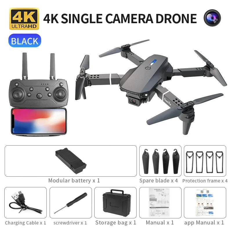 Dron plegable inteligente E88 Pro, compatible con conmutación de cámara simple/doble, calidad de imagen de 4K + disparo gran angular, WiFiDirect Real-Tim
