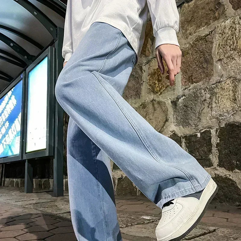 Ropa de calle de estilo coreano, nueva moda, pantalones vaqueros informales holgados para hombre, pantalones vaqueros Harajuku de calle alta, pantalones de marca para hombre, negro, gris y azul