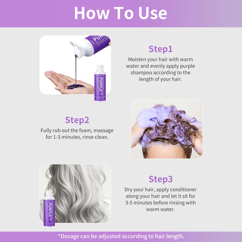 Set Champú y Acondicionador Morado para Rubio, Gris - Cabello Color Tratado - Infusido con Aceite de Cocos Nucifera para Rizado y Danificado