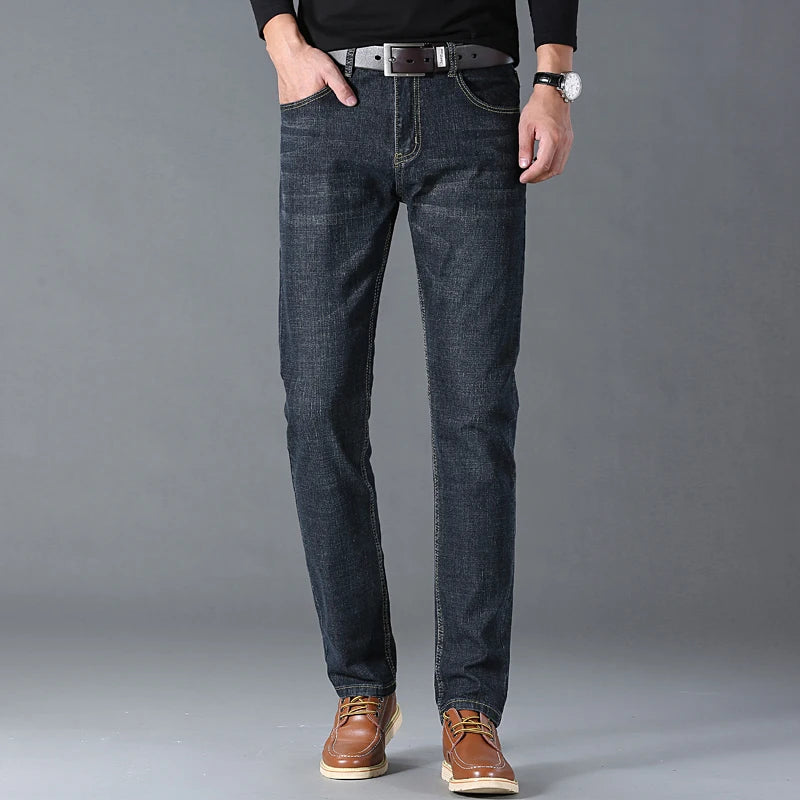 Primavera otoño hombres de negocios Jeans Casual recto estiramiento moda clásico negro cielo azul gris trabajo Denim pantalones marca ropa