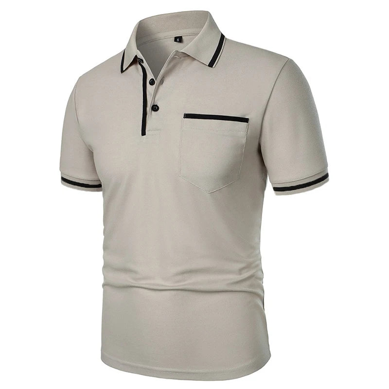 Nuevas camisas Polo de manga corta para hombre, camiseta informal de Color sólido, camisas de verano a la moda transpirables holgadas básicas con empalme y bolsillos superiores para hombre