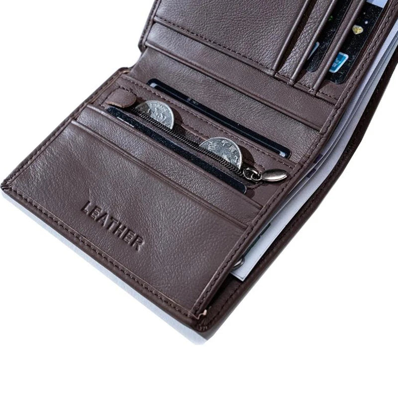 Cartera para hombre, billeteras de cuero genuino para hombre, monedero con cremallera, billeteras de negocios verticales, tarjetero antirrobo RFID, monedero