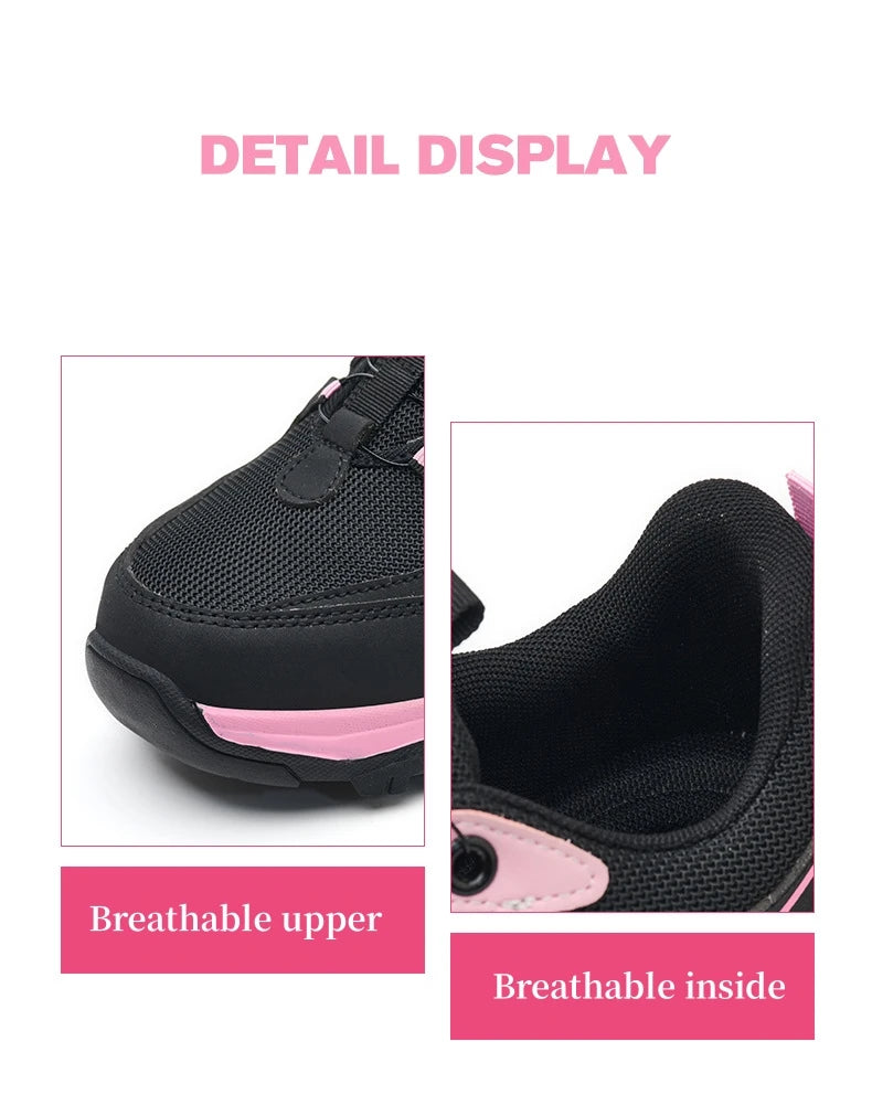 Zapatos de seguridad para el trabajo para mujer, zapatillas de trabajo con punta de acero, botón giratorio, transpirables, antideslizantes, protección a prueba de pinchazos, botas de seguridad rosas