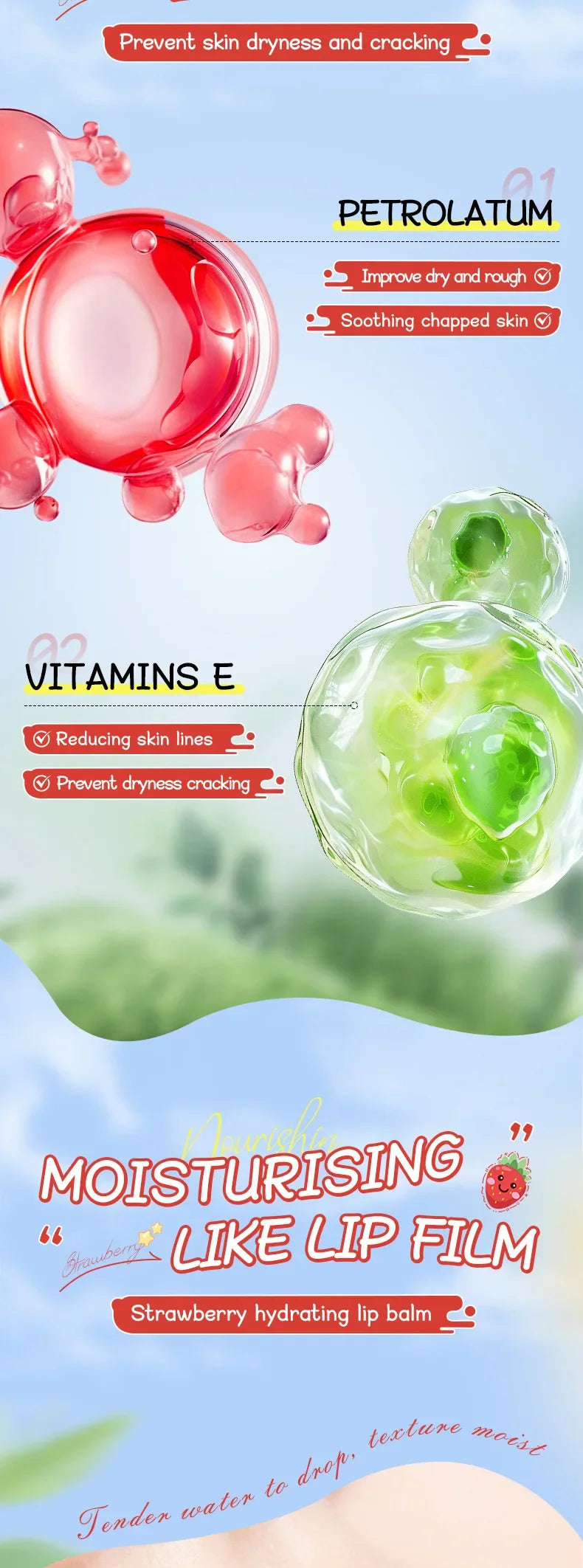 Crema nutritiva de fresa para manos, bálsamo labial, juegos de cuidado de la piel, hidratante, labios regordetes, lápiz labial de frutas, labios regordetes, cuidado de la piel de las manos