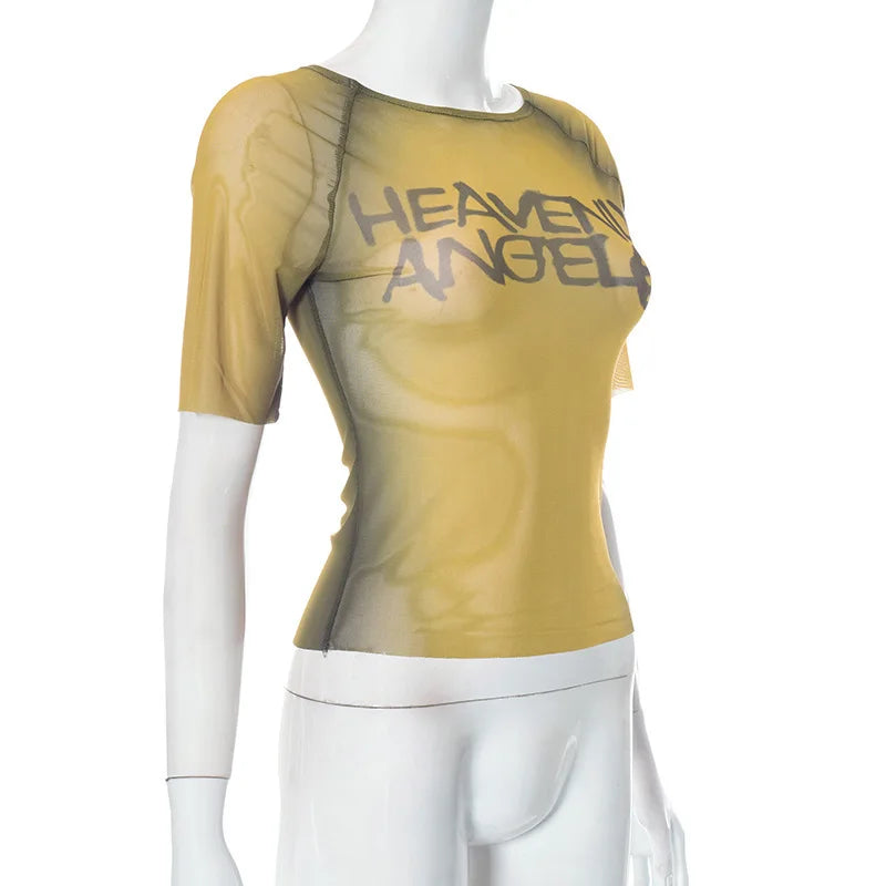 Top con estampado De letras Y2K, camisetas gráficas transparentes para Mujer, Ropa estética De manga corta, Ropa De Mujer ajustada, ropa De calle Sexy