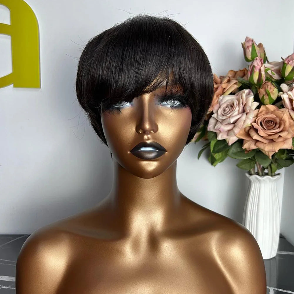 Peluca corta de corte Pixie, cabello humano para mujeres negras, pelucas hechas a máquina con flequillo, peluca corta, pelucas de cabello humano