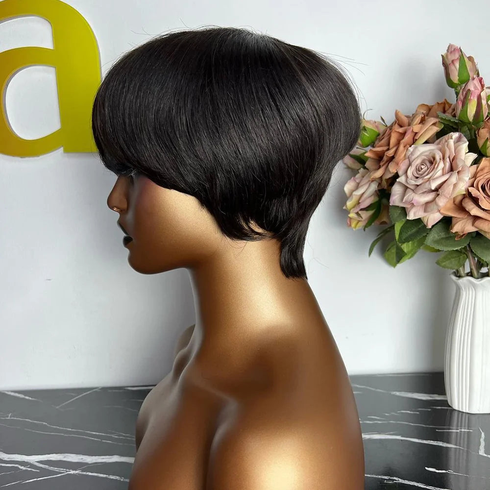 Peluca corta de corte Pixie, cabello humano para mujeres negras, pelucas hechas a máquina con flequillo, peluca corta, pelucas de cabello humano